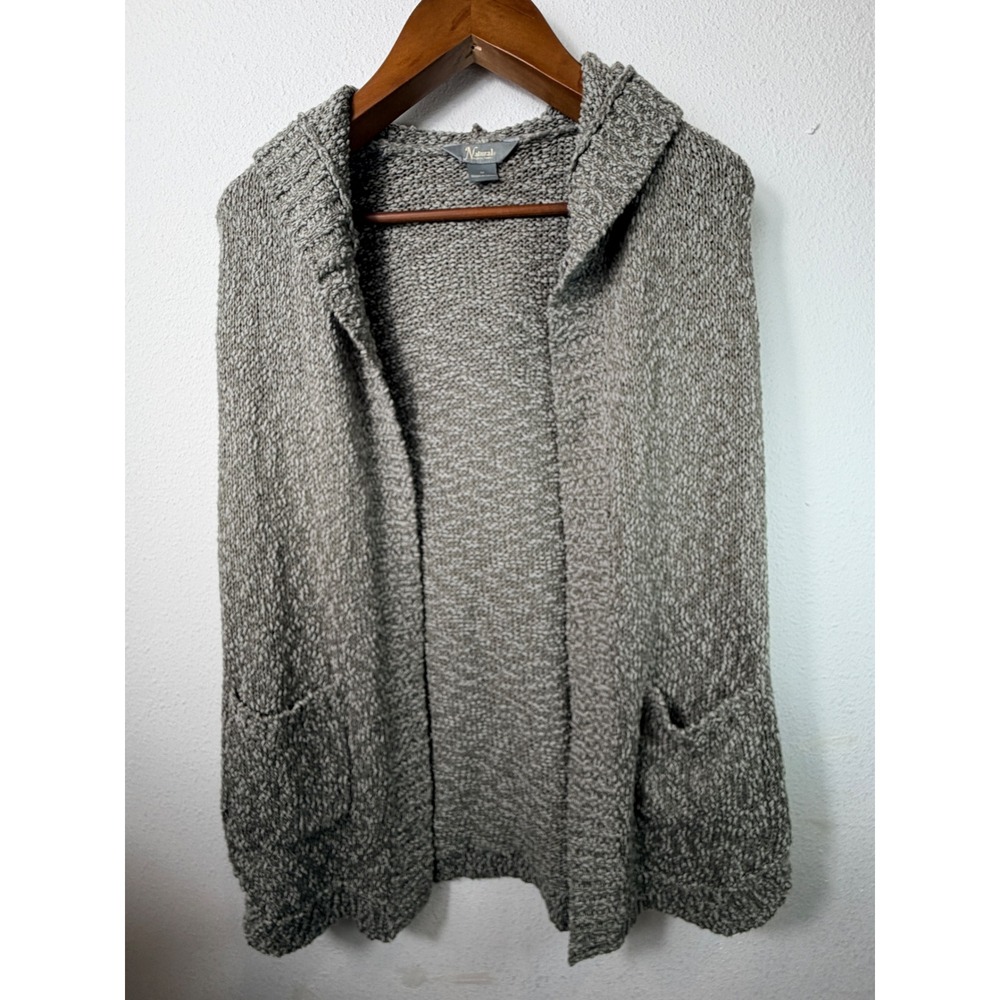Natural Reflections Womens Cardigan Grey M Hooded Open Front Marled Knit Pocket